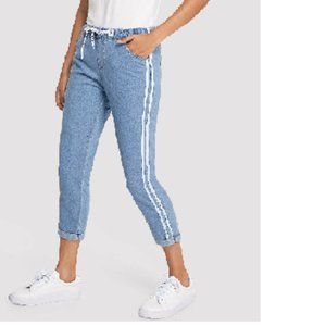 Letter Tape Drawstring Waist Striped Side Jean